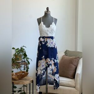 Lace and Floral High-Low Dress with Open Back